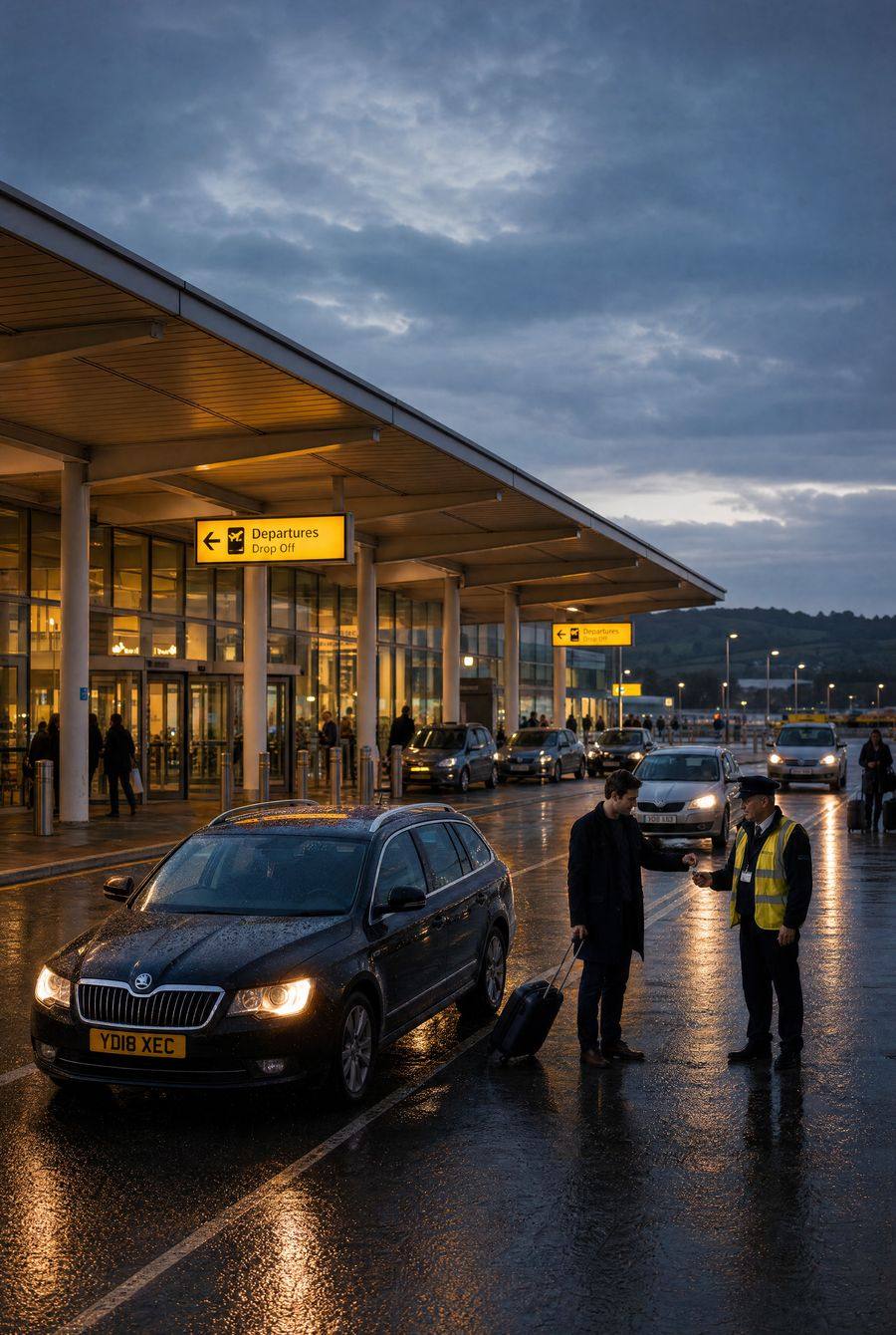 A uniformed driver taking a customer's keys at the terminal kerb at dusk